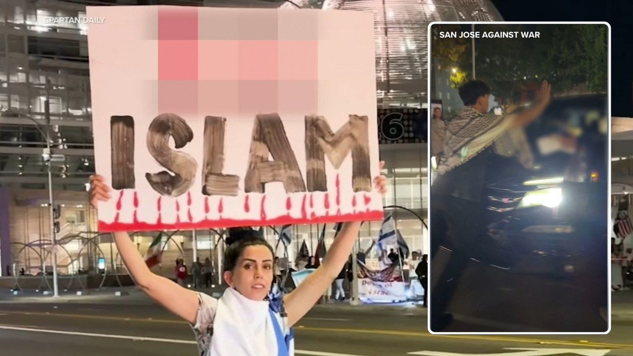 Pro-Israel and pro-Palestine protests turn combative in SJ with graphic sign, car on sidewalk
       — ABC 7 Bay Area, Menlo Park Community news